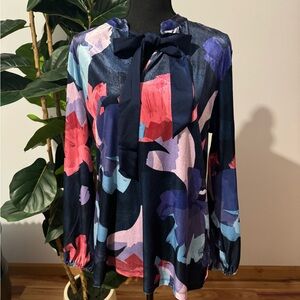 Christian Siriano Velour Multicolor Floral Blouse with Bow NWT